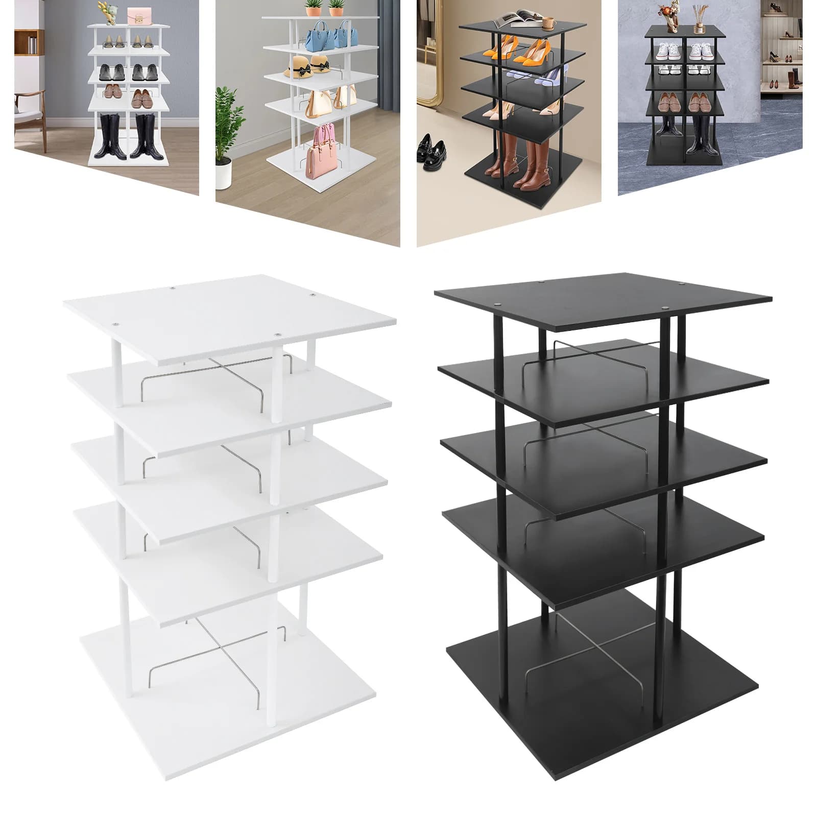 4 Tiers Black/White Shoe Storage Rack Rotating Shoes Shelf Organizer Shoe Rack, For Homes/Stores/Clothing Stores