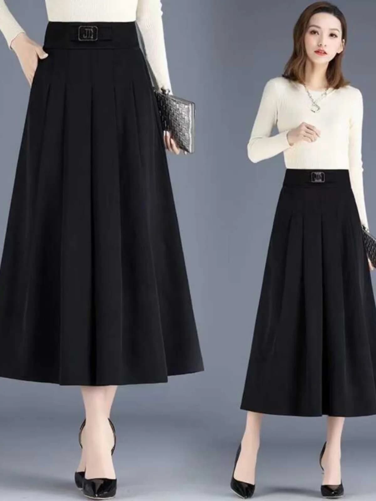 Gonna midi a vita alta a trapezio, drappeggiata e plissettata, sottile, nuova collezione estiva, per donne curvy, taglie forti, versatile