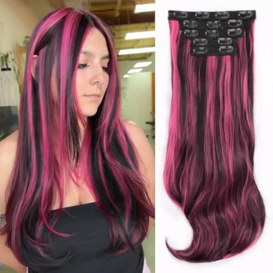 Clip in Hair Extensions, Thick Long Straight Layered Black Mix Rose Pink Highlights 20 Inch Soft Lace Weft Hair Extensions for