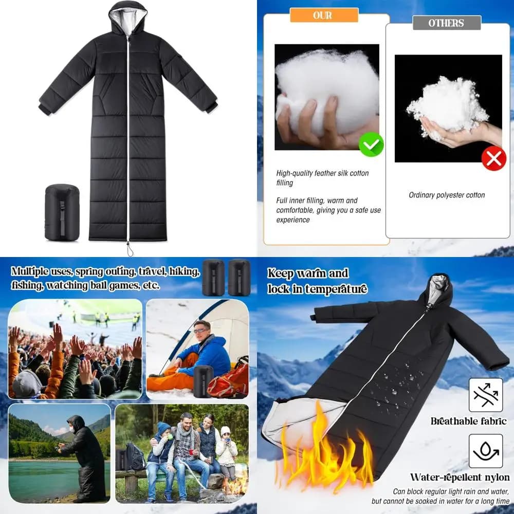 Adult sleeping bag with sleeves and hood, 74 inches long, insulated sleeping bag for cold climates from 0 degrees for extreme cold climates Co