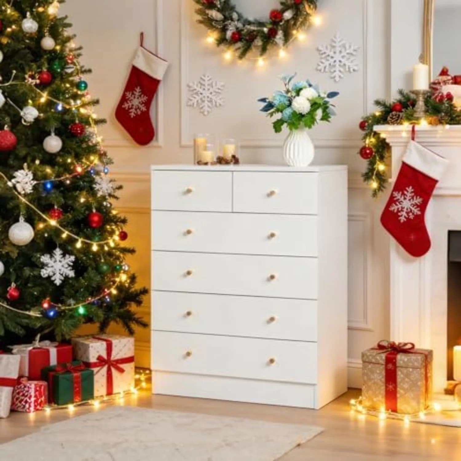 White 6 Drawer Dresser, Rose Gold Handle Modern Bedroom Chest | Modern Wood Storage Dresser with Anti-Tipping Device