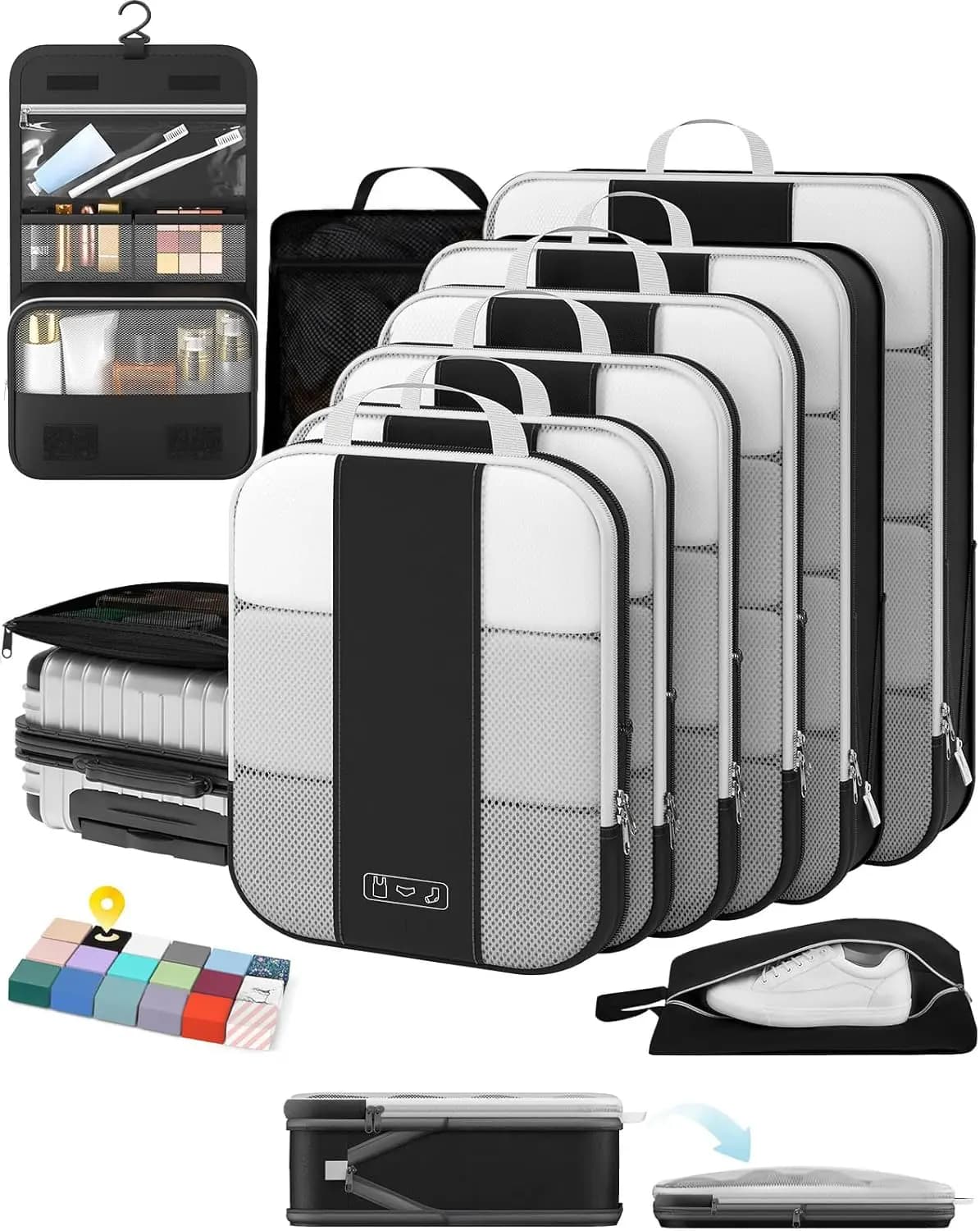 Set di 10 Cubi di Compressione per Organizzare il Bagaglio da Viaggio, Set Espandibile per Conservare Vestiti