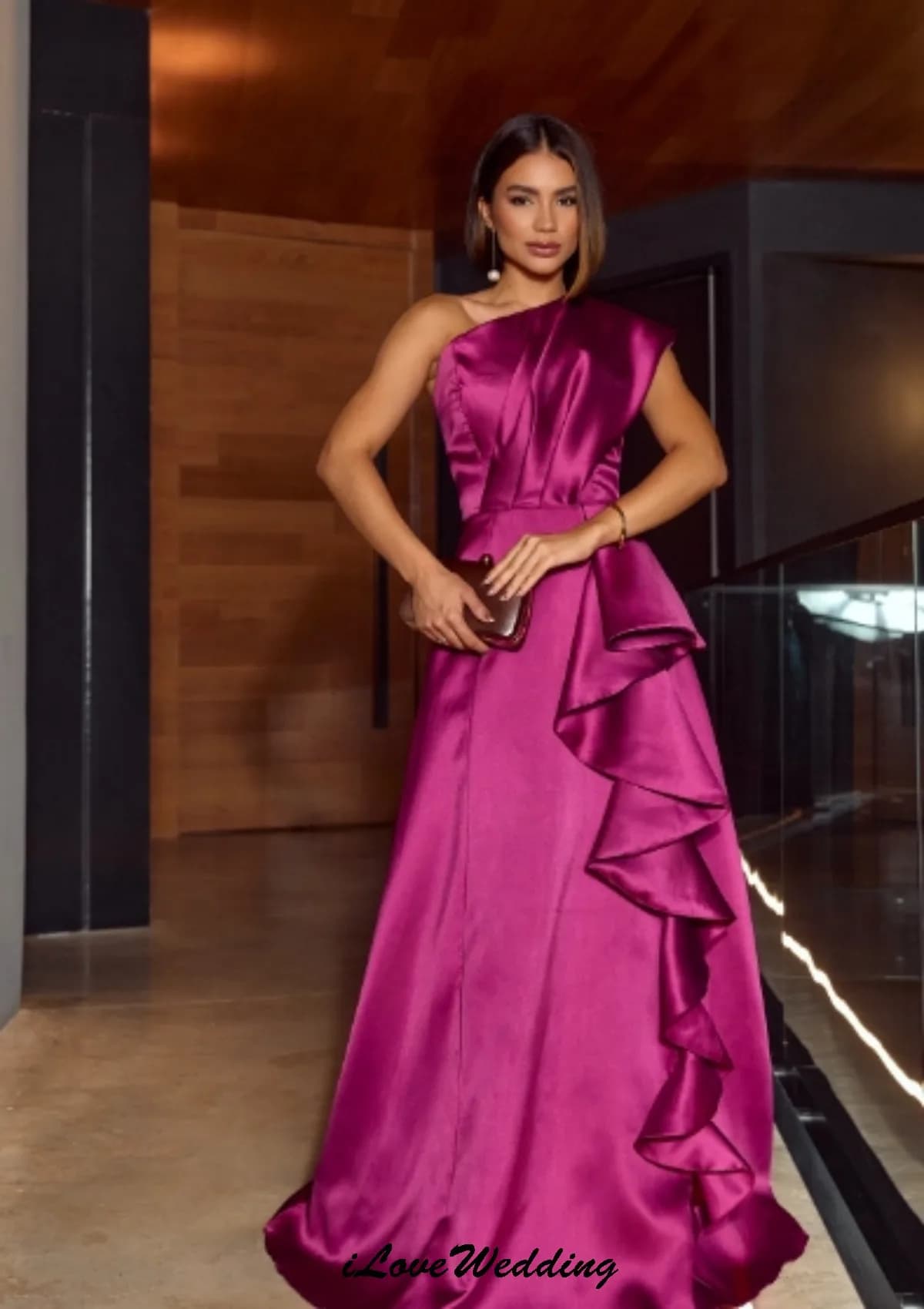 Abiti da ballo lunghi 2025 Abito da cerimonia nuziale rosa caldo Elegante volant monospalla con volant Abiti da sera formali a-line personalizzati