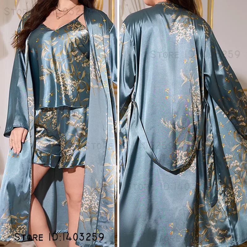 Plus Size 4XL 5XL Abito lungo 3 pezzi Set Pigiama Donna Indumenti da notte Stampa Cherry Kimono Accappatoio Abito in raso allentato Homewear Pigiama