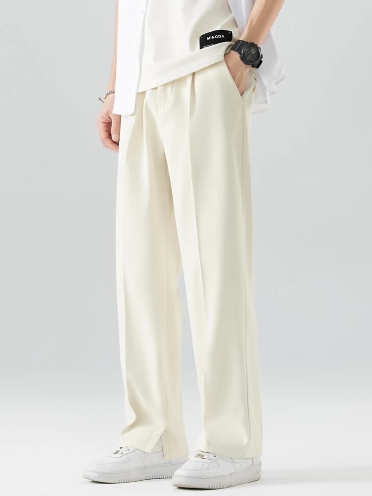 2023 nuovi pantaloni Casual estivi da uomo in poliestere traspirante moda coreana pantaloni a vita semi-larga con fascia pantaloni drappeggiati larghi dritti