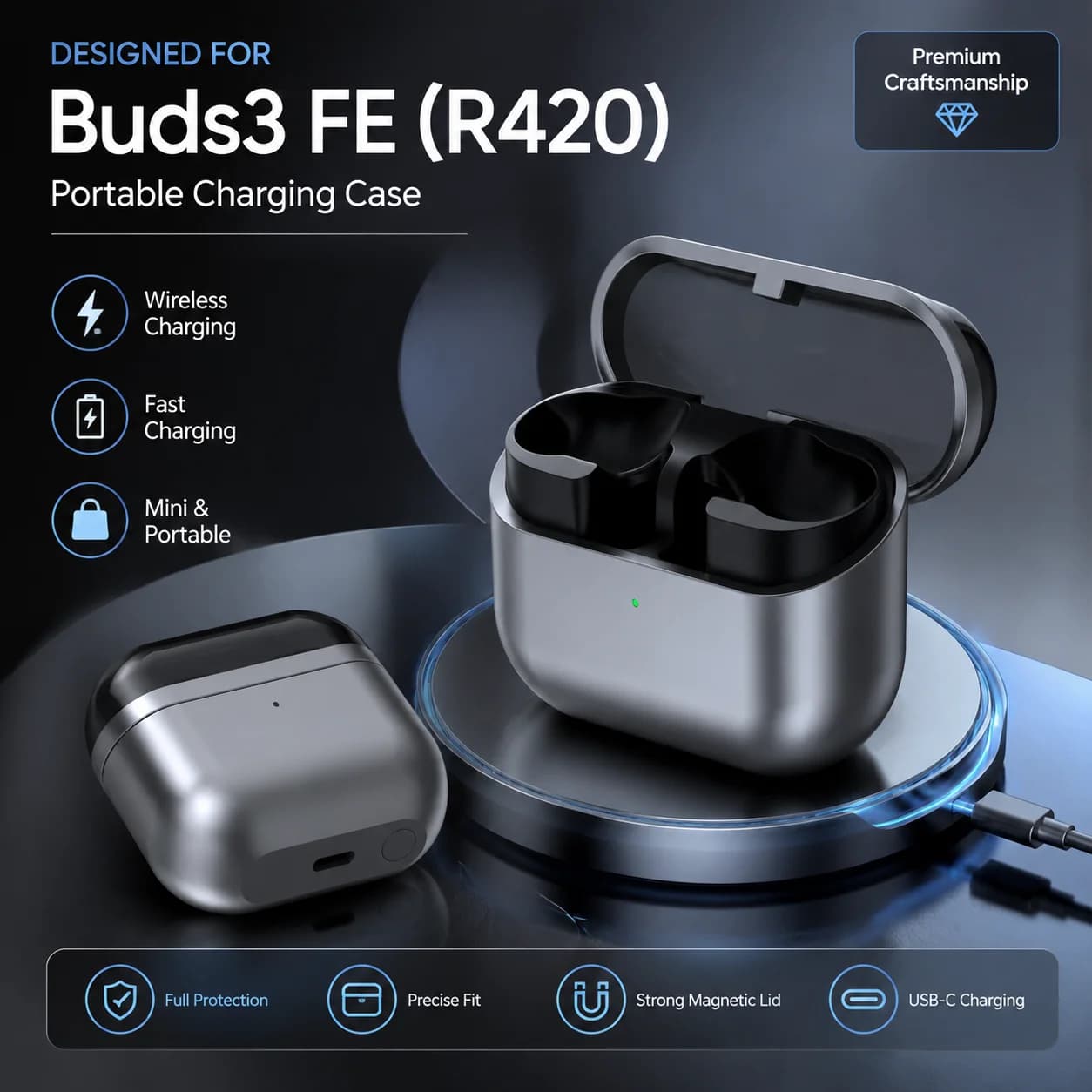Replacement Charging Case For Galaxy Buds3 FE R420,Wireless & Type-C Charging,450mAh Battery,Only Charging Case, No Earbuds