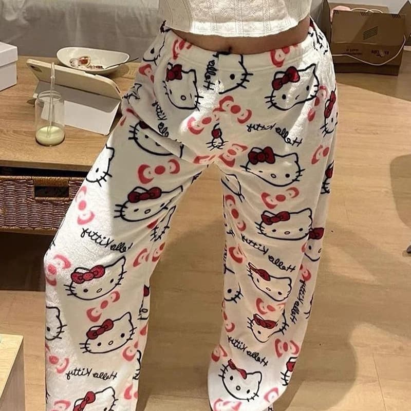 Y2K Pantaloni del pigiama Hellokitty per le donne Anime Cartoon Sleepwear Coppia per il tempo libero Pantaloni per la casa in flanella Stampa di cartoni animati Vestiti per la casa