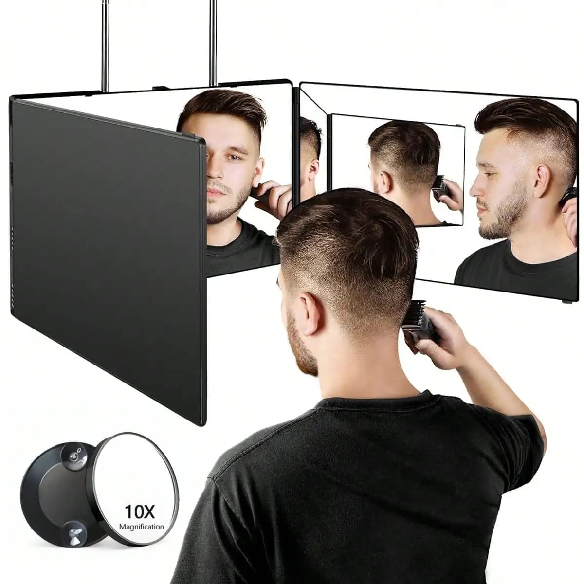 3 door mirror for haircut, 360° folding with adjustable telescopic hooks in height for make-up and hairstyles