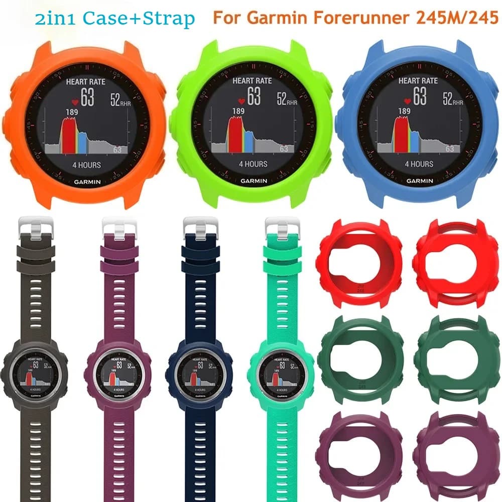 Silicone Protective Case + Strap for Garmin Forerunner 245M/245 Smartwatch Strap Protector Shell Frame Protective Cases