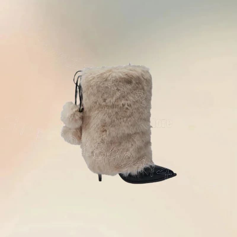 Stivali Neri a Punta con Decorazione in Pelliccia Beige, Scarpe da Donna Slip-On con Tacco Alto Sottile per Feste, Banchetti e Appuntamenti 2024 Zapatos Para Mujeres