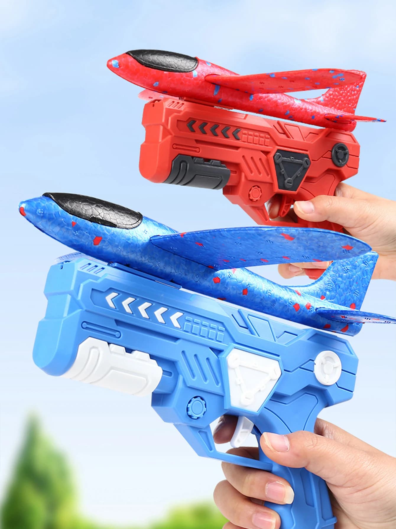 3 foam elastic toy gun in one for children, outdoor use, with manual launch airplane, random foam airplane color
