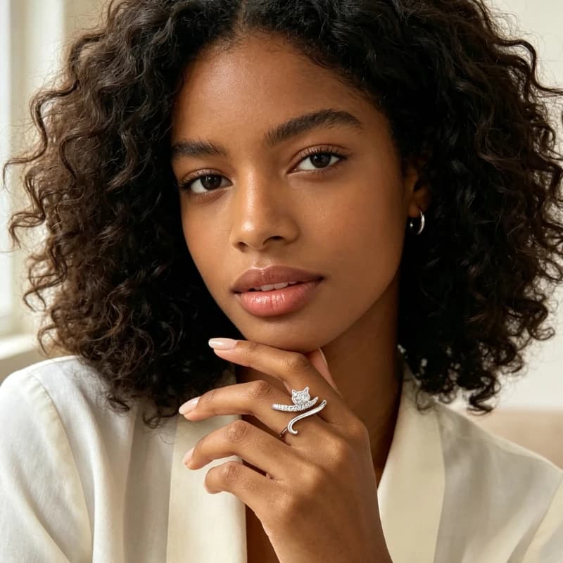 1pc Silver Plated Cubic Zirconia Cute Cat Open Adjustable Ring Twisted Curved Cat Tail Band Dainty Stackable Animal Finger Jewelry Kawaii Pet Ring Gift for Women Cat Lovers