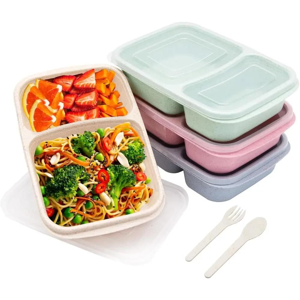 4 Pack Bento Lunch Box, 2 Compartment Meal-Prep Containers with Lids, Microwave & Dishwasher Safe, Reusable Divided Food Storage
