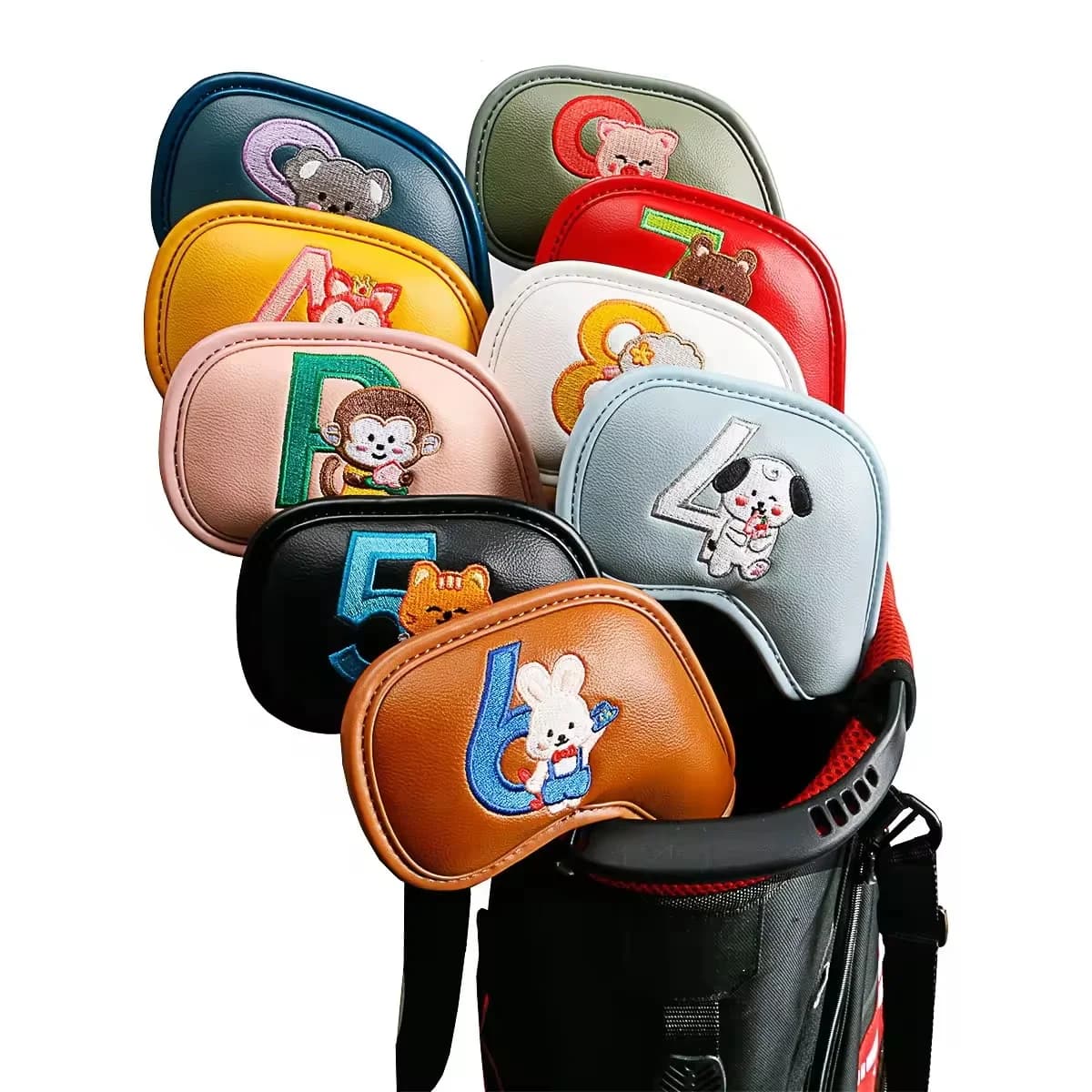 Set di 9 Copritesta per Ferri da Golf a Forma di Animali Cartoon, Protezioni per Mazze in Pelle PU Ricamata, Accessorio da Golf Regalo per Uomini e Donne Golfisti