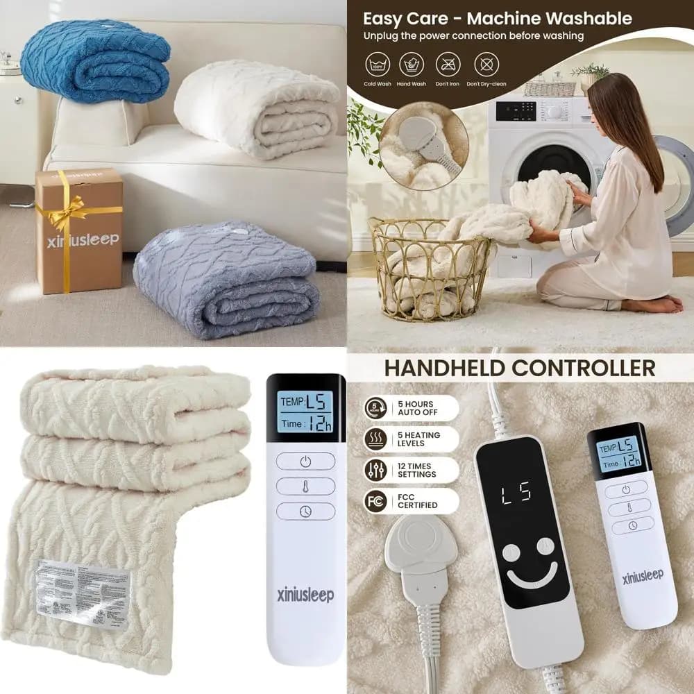 Coperta riscaldata elettrica 62x84, calore a 5 livelli, spegnimento automatico 1-12 ore, protezione da surriscaldamento, beige