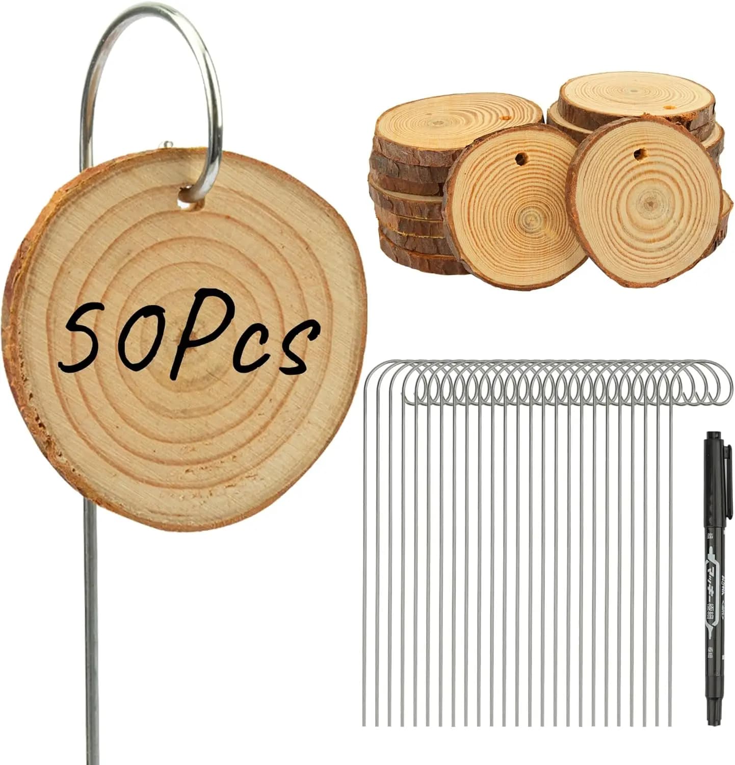 50 Labels of Wood for Plants with Pennarello, Targhette di Giardino per Fiori, Erbe, Piante in Vaso e Semi