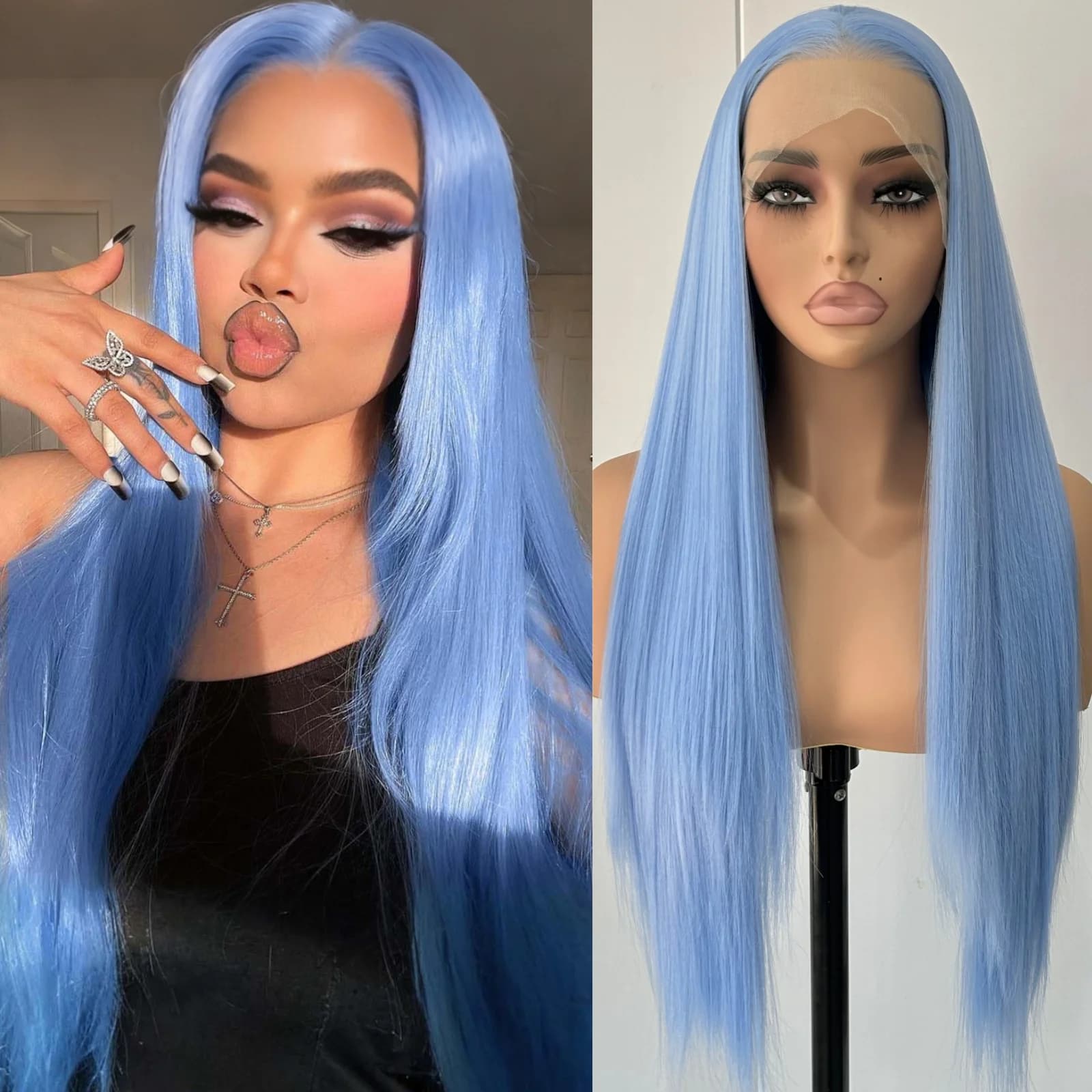 Parrucche sintetiche per capelli sintetici azzurri lunghi e setosi per le donne Parte libera Festa in cosplay in fibra resistente al calore di colore azzurro cielo quotidiano