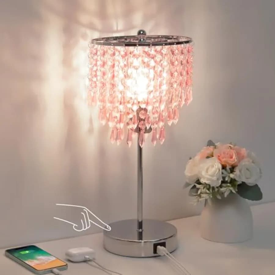 Lampada da Tavolo con Controllo Touch in Cristallo, Doppia Porta USB per Ricarica, Lampada da Comodino Dimmerabile a 3 Livelli con Paralume, Lampada Decorativa da Comodino