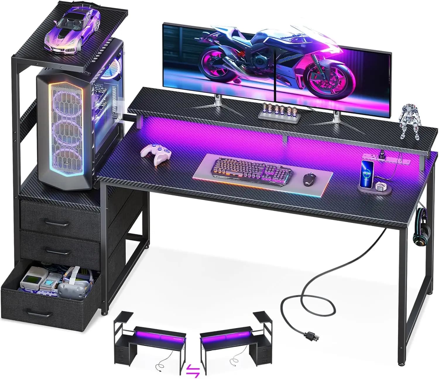 59-inch Gaming Desk with USB Doors, LED Lights, Storage Pads and Monitor Support, Black Carbon Fiber Modern
