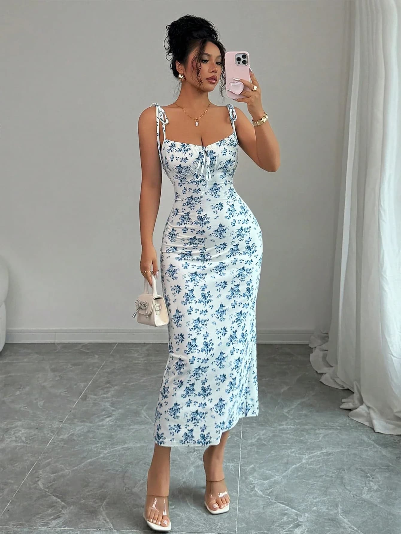 Women Ditsy Floral Strappy Elegant Midi Dress
