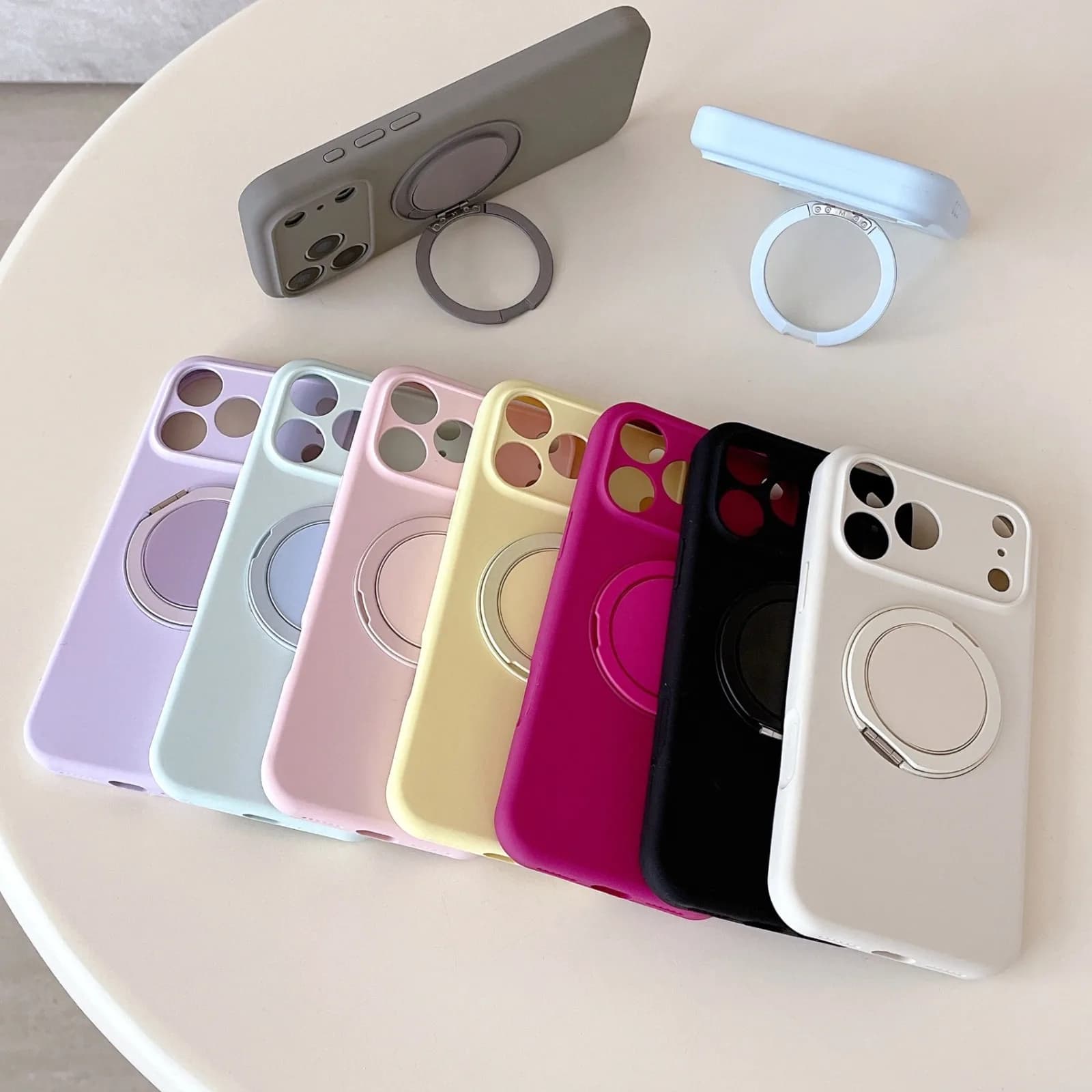 Luxury INS Plain Candy Color Case for iPhone 17 Pro Max 16 Promax 15 14 Rotable Bracket Stand Soft Silicone Protective Cover