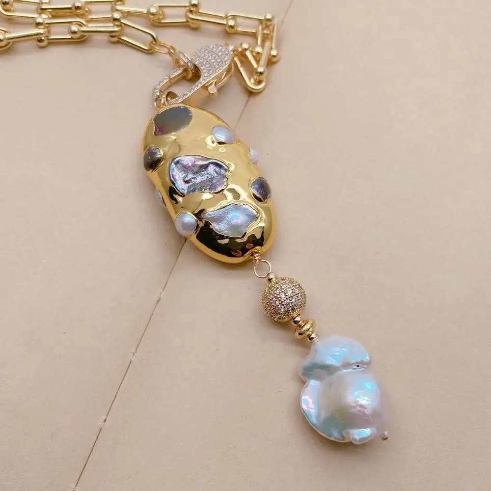 yygem Gold Plated Chain Necklace White Baroque Pearl Pendant