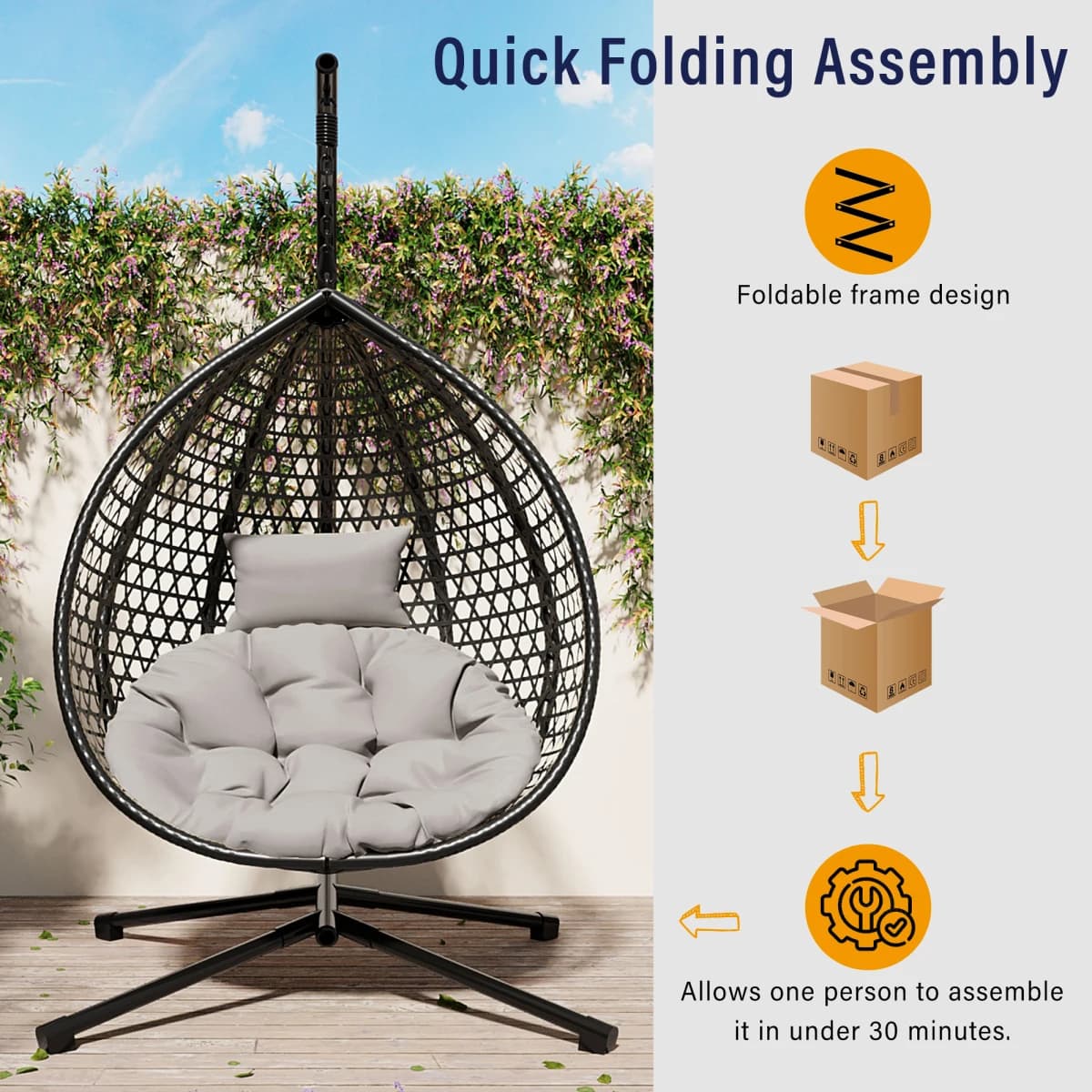 U_STYLE Sturdy Hammock Chair with Stand,Durable Hanging Egg Chair with Rattan Weaving ,Comfortable Indoor Outdoor Swing chairs with Soft Removable Cushion,Suitable for Balcony, Bedroom, or Garden