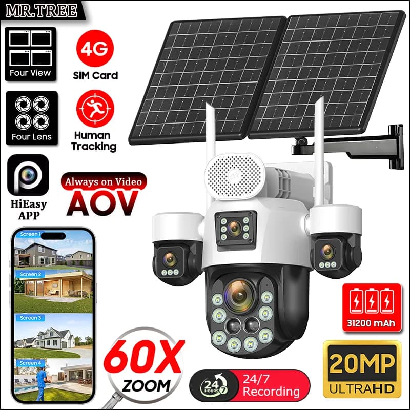 Telecamera di sorveglianza esterna solare AOV da 20MP 4G SIM 7/24 ore di registrazione Zoom ottico 60X Tracciamento automatico Telecamere PTZ di sicurezza 31200mah