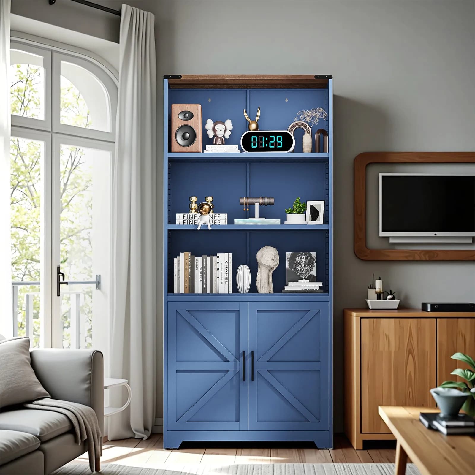 Metal bookcase with doors, 69.7 inch high display cabinet, adjustable organizer, new