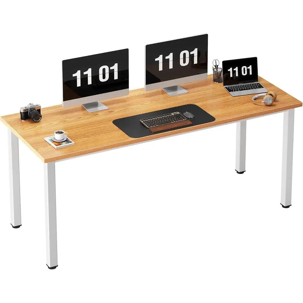 63 Large Modern Home Office Gaming Desk - Spacious Study Table for Students, White Metal & Teak Finish