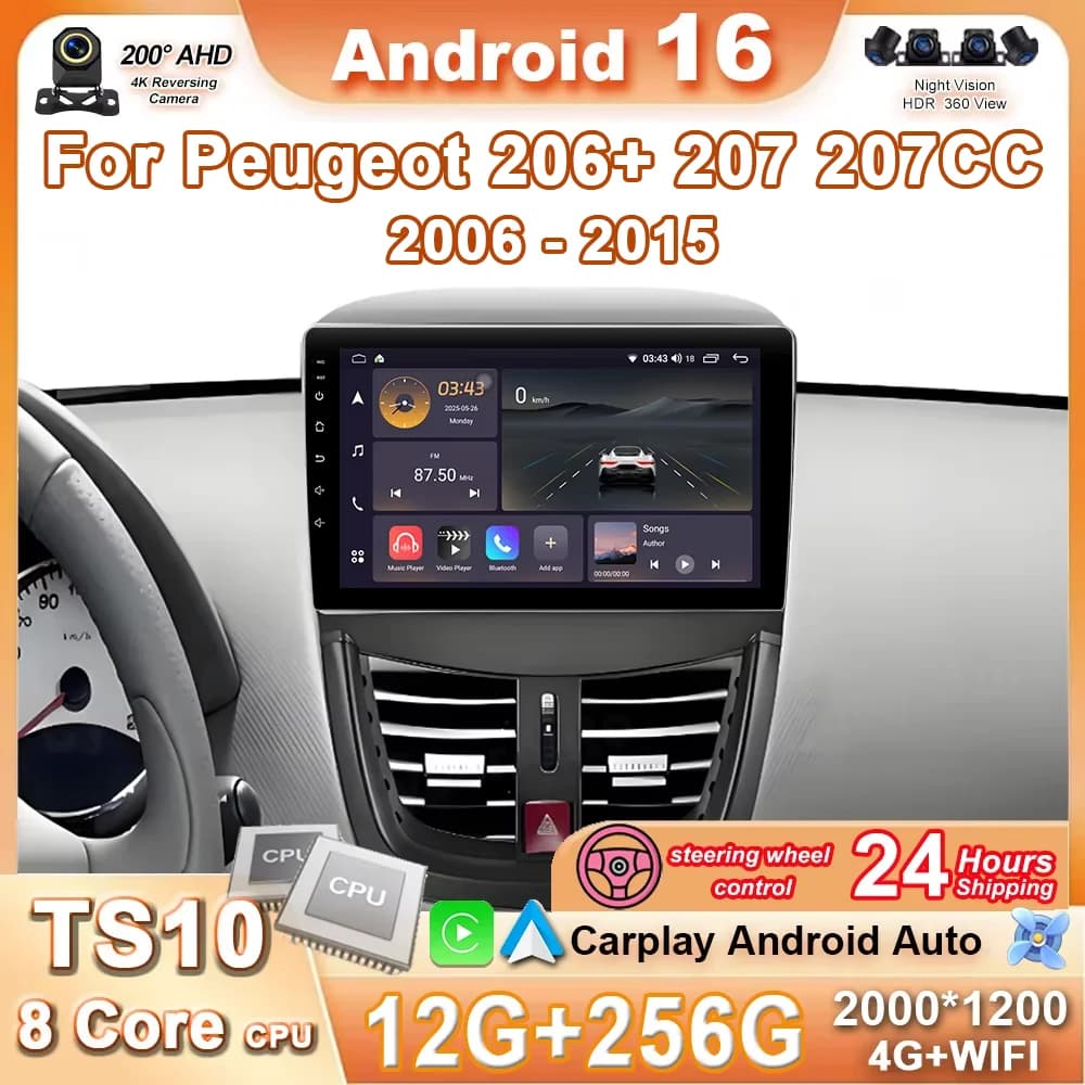 Android 15 Per Peugeot 207 207CC 2006-2015 Autoradio Stereo Lettore Video Multimediale Carplay QLED Bluetooth Touch Screen Wifi 4G