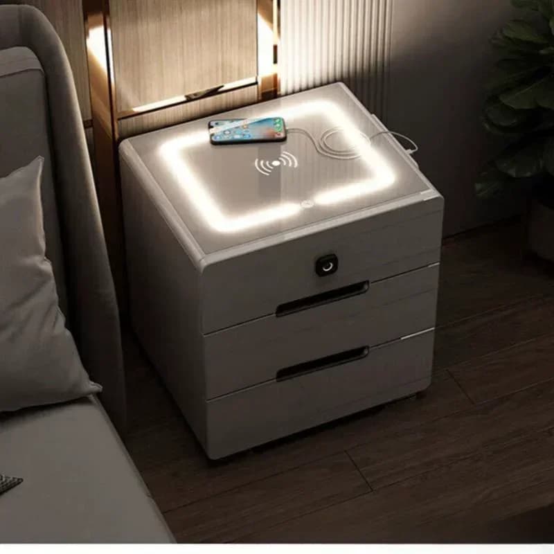 Comodino intelligente multifunzionale con serratura per impronte digitali Caricatore wireless Mobili neri Piccolo armadietto Comodino per camera da letto Casa