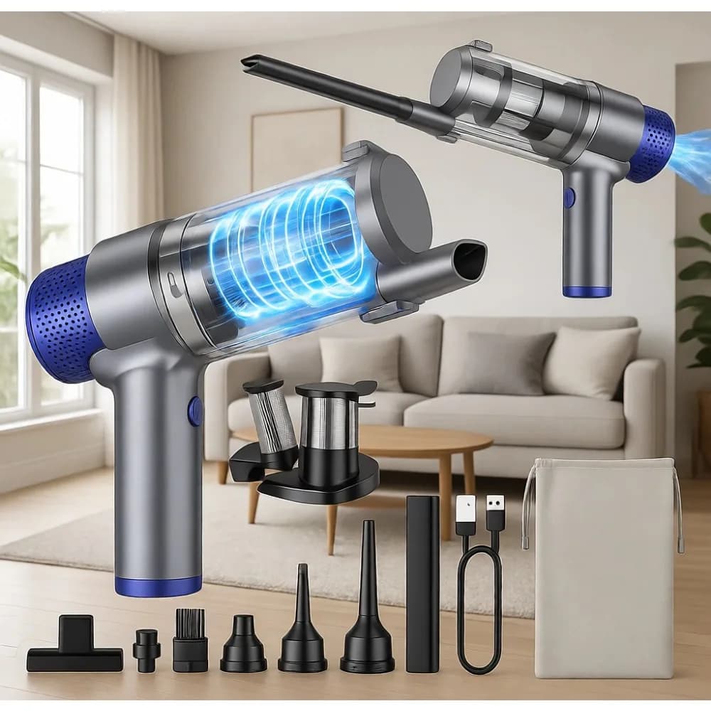 Aspirapolvere Portatile Senza Fili 2-in-1 da 16000PA, Mini Soffiatore d'Aria Ricaricabile con LED, Ugelli e Filtro Lavabile per Casa, Ufficio, Auto e Animali Domestici
