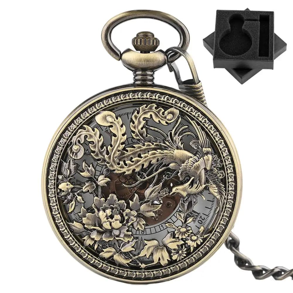 Vintage Bronze Men's Automatic Mechanical Pocket Watch Charm Hollow Flower Phoenix Design Pendant Clock Steampunk Fob Chain Gift