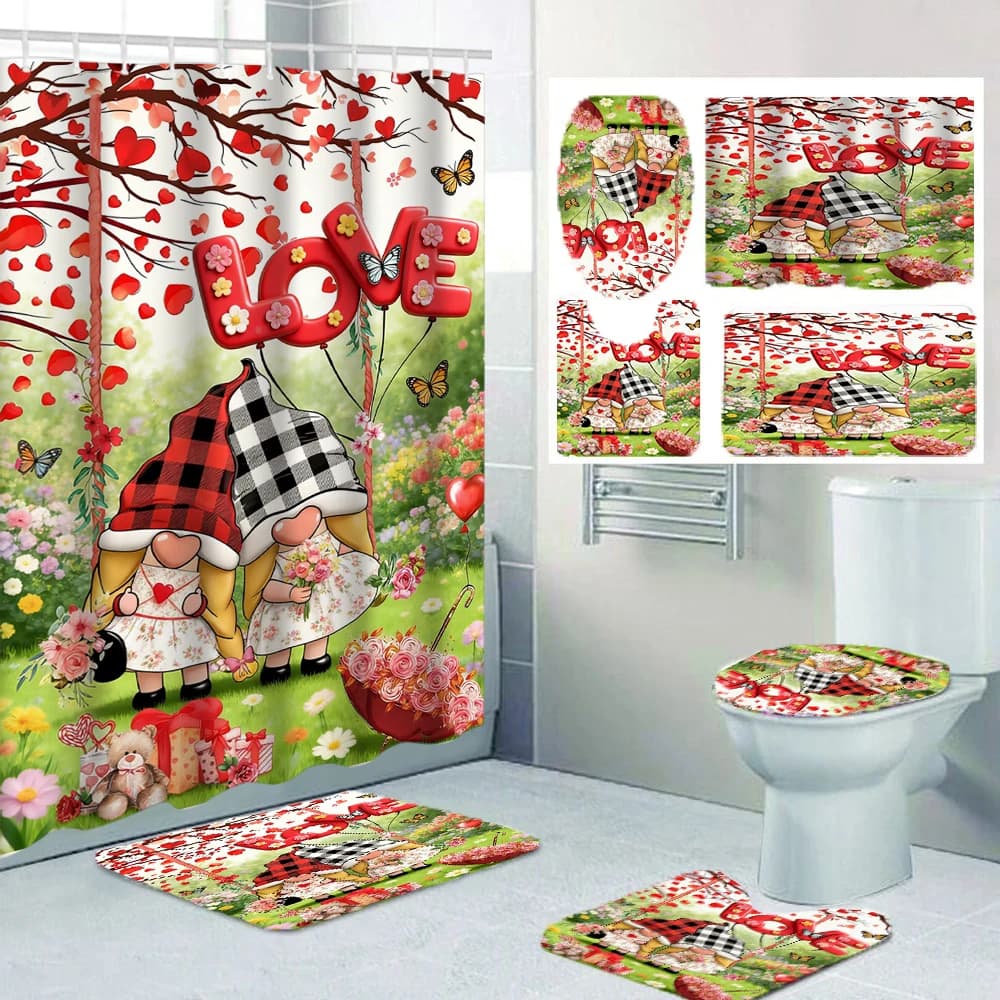 Set di tende da doccia per San Valentino 4/1 include decorazioni per il sedile del WC, tappeto e copri WC, dimensioni 70,8x70,8 pollici