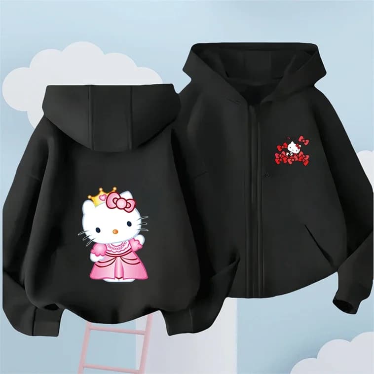 Sanrio Company Ltd Kitty White Felpa con cappuccio in cotone con zip per autunno e inverno, 2-14 anni, stampa cartoon, ritorno a scuola, moda per bambini e adolescenti, articolo molto richiesto