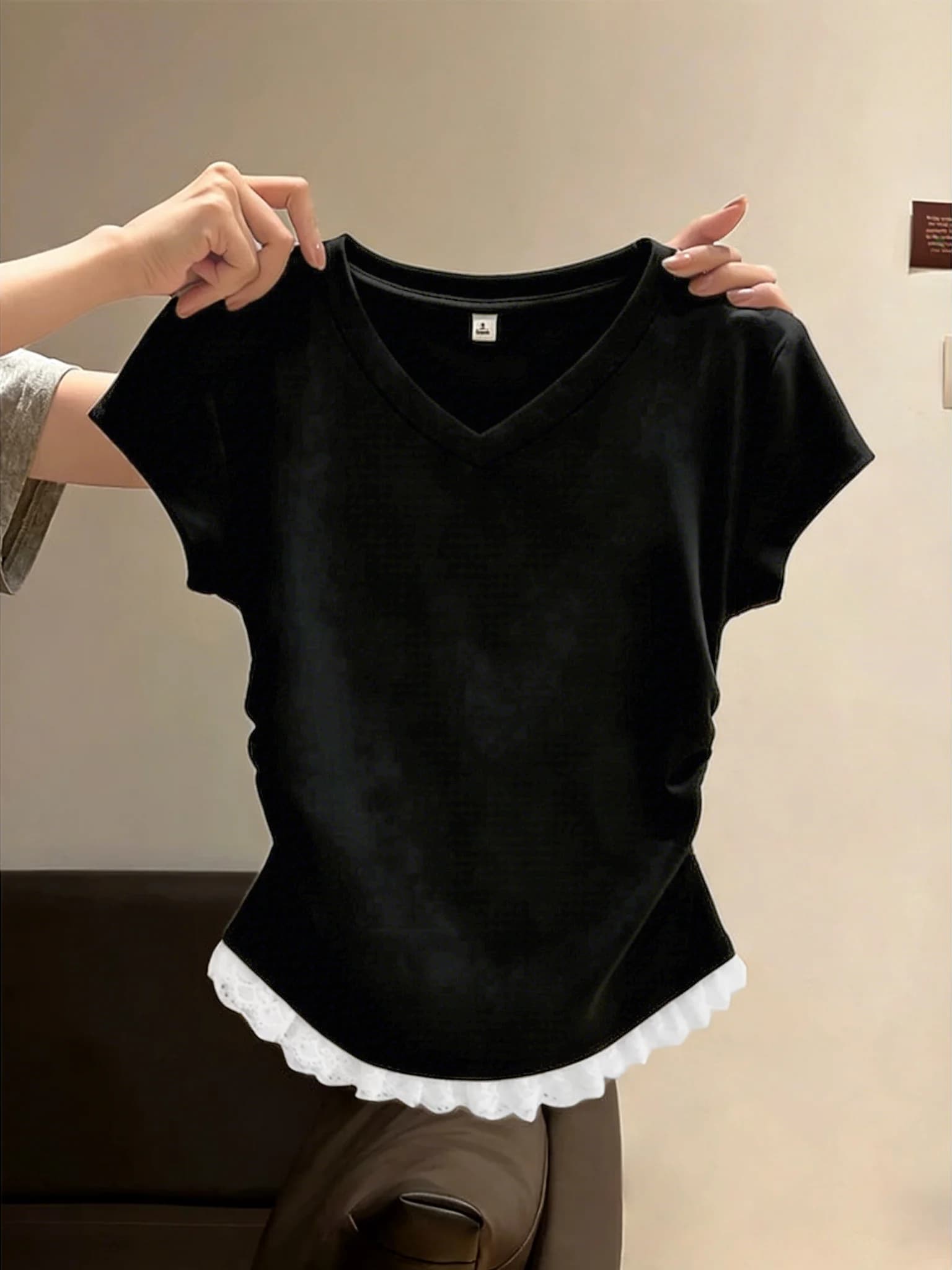 Slim Fit Lace V-Neck Short Sleeve T-Shirt Women's Cotton 95% Elastic Fiber Summer New Style plus Size Casual Fashion Top