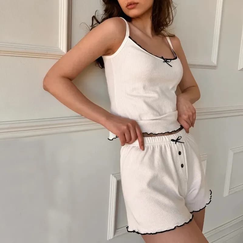 Charming Bowknot Detail Women‘s Soft Viscose Ribbed Knit Lounge Set, Spaghetti Strap Camisole & Shorts, Breathable Lightweight V