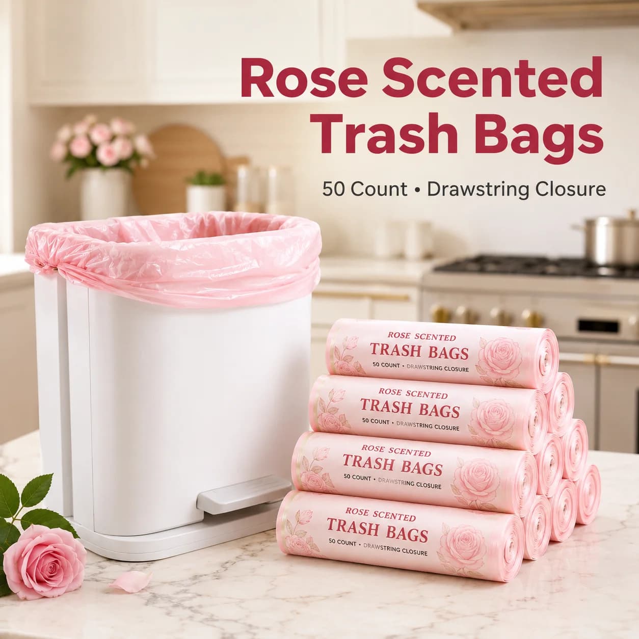 Rose Scented Drawstring Trash Bags, 1 Roll 50 Count Pink Small Garbage Bags 17.7 x 17.7 In, Light Fragrance Waste Bin Liners for Kitchen Bathroom Office Bedroom, Easy Tie Closure for Small Trash Cans Daily Cleanup Supplies