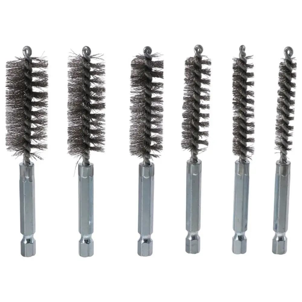 6PCS with 1/4" Hex Shank Stainless Steel Bore Brush Different Sizes 8/10/12/15/17/19MM Bore Cleaning Brush Set