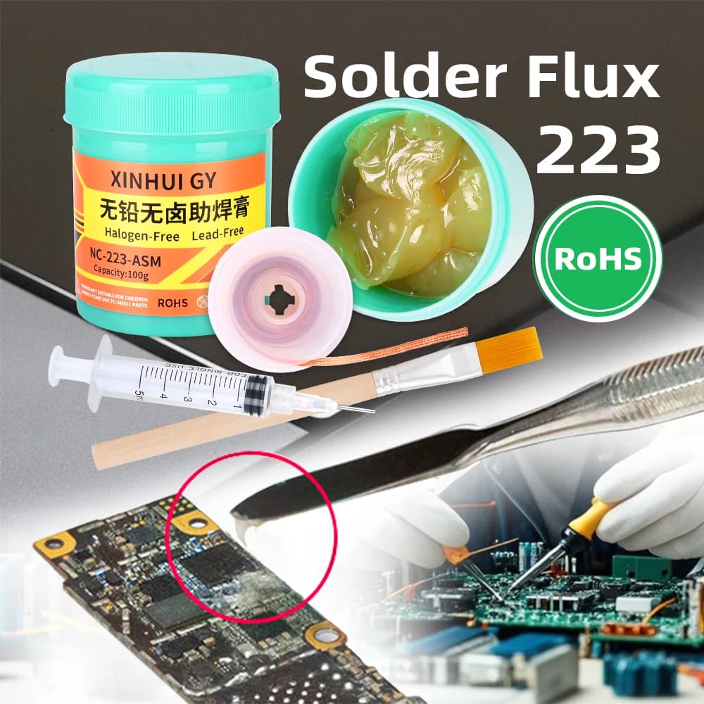 RMA-223 No-Clean Flux Paste 100g Soldering Repair Kit with Syringe Solder Wick Cleaning Brush for BGA PCB Soldering