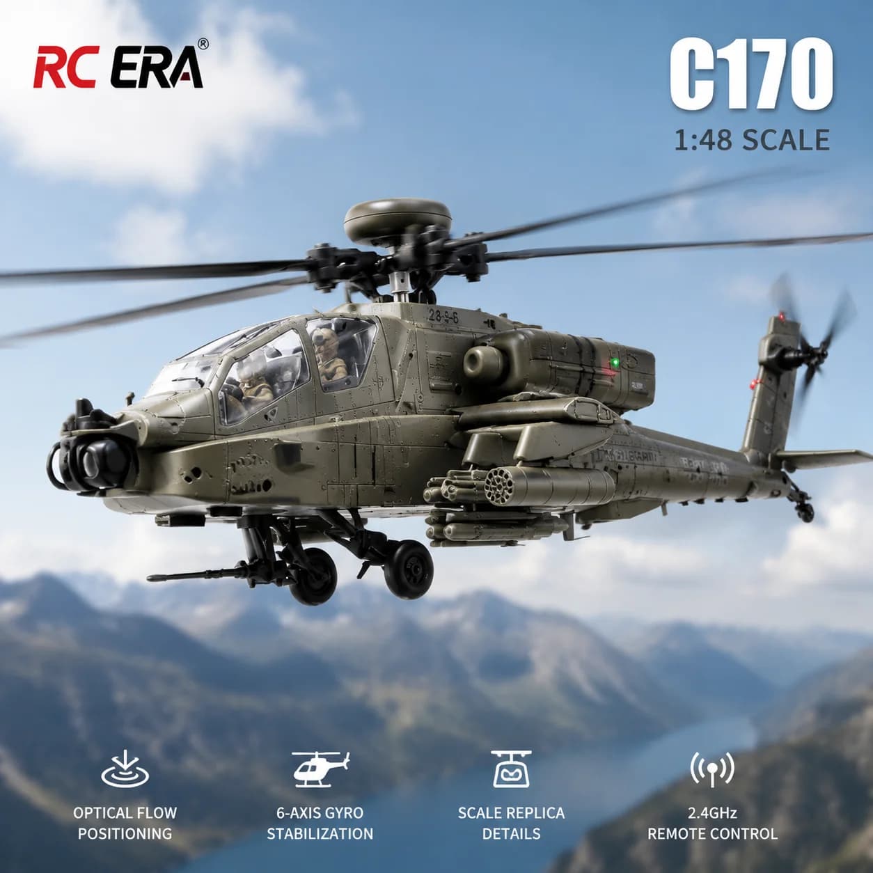 RC ERA 1/48 Apache Remote Control Helicopter C170 Optical Flow Positioning 6-Channel Brushless Simulation Aircraft Model RC Toy
