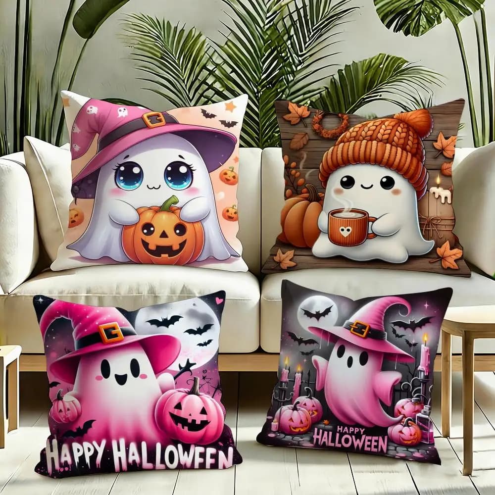 Cute Ghost with Pumpkin Cushion Cover Reversible Plush Pillow Cover Soft Fluffy Home Decor for Sofa Bedroom