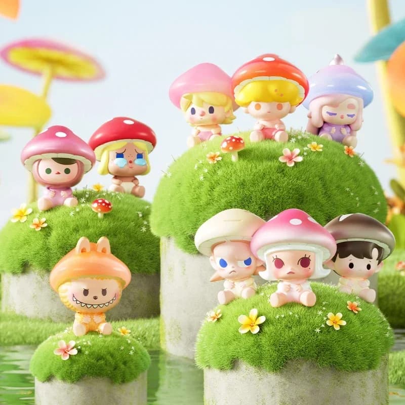 Popmart Pop Bean Mushroom Elf Series Mini Bambole Kawaii Anime Figure Ornamenti da Scrivania Molly Dimoo Labubu Regalo di Compleanno a Sorpresa