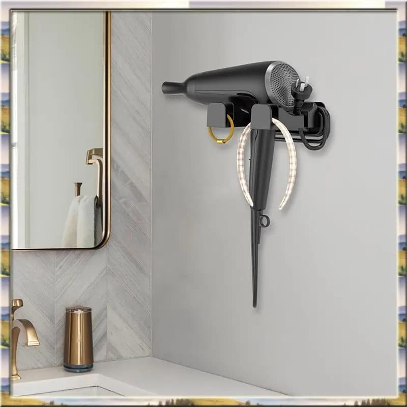 AA46 Universal wall mount for HOT hairdryer with convenient cable support and black storage hook
