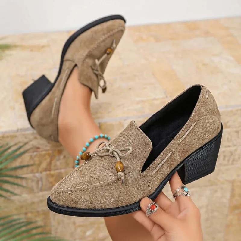 Women's Loafers Pointed Toe Chunky Heel Suede-Look Finish with Bow Tie Detail and Wooden Beads for Daily Casual Office Events