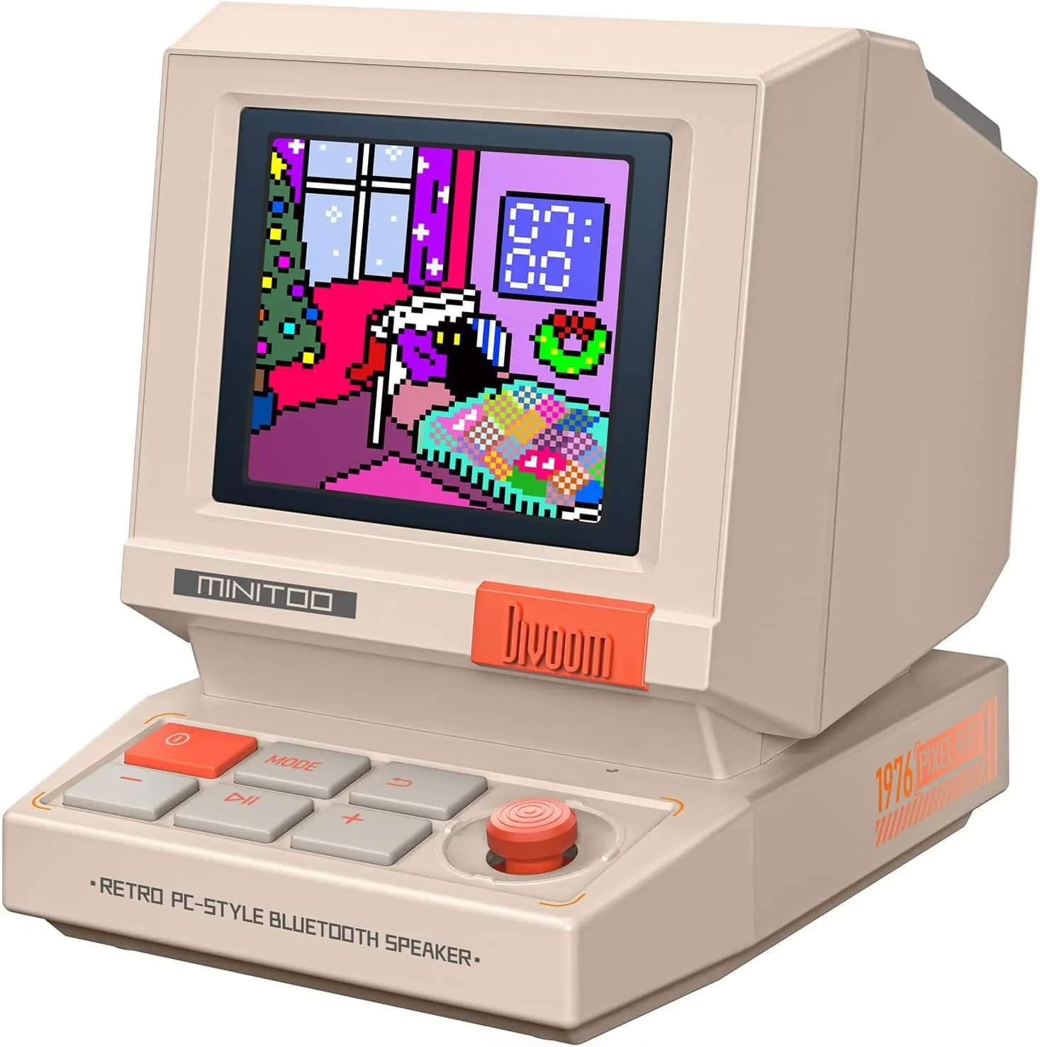 Retro PC-Style Mini Speaker with Smart Pixel Screen, DIY Faces, Bluetooth & USB, Alarm Clock & White Noise, Desk Setup for Bedroom, Office & Gaming