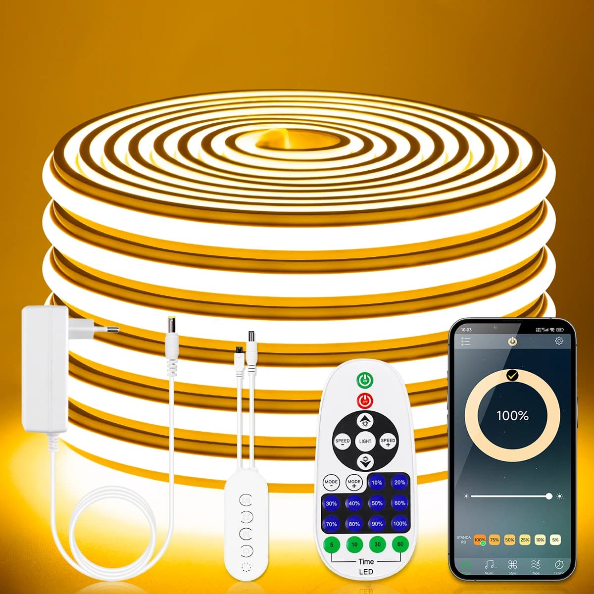 Striscia LED COB Neon con Controllo Bluetooth e App, Impermeabile e Ignifuga, Nastro LED in Silicone con Telecomando, DC24V