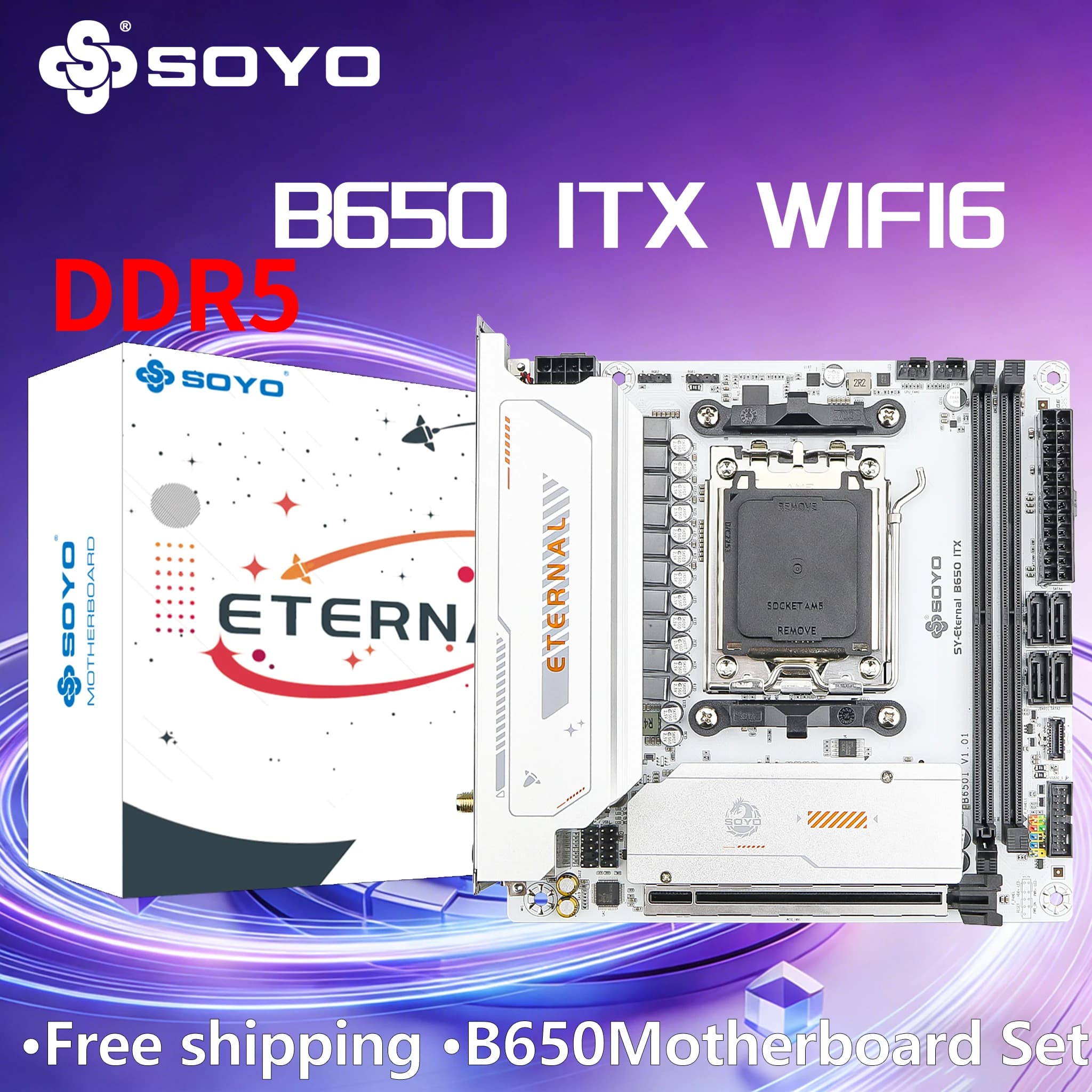 Scheda Madre B650ITX AMD Ryzen AM5 DDR5 PCIe 5.0x16 PCIe 4.0x4 M.2 ARGB WIFI6 SOYO SATA 3.0 HDMI/DP per PC Gaming 8 pin USB