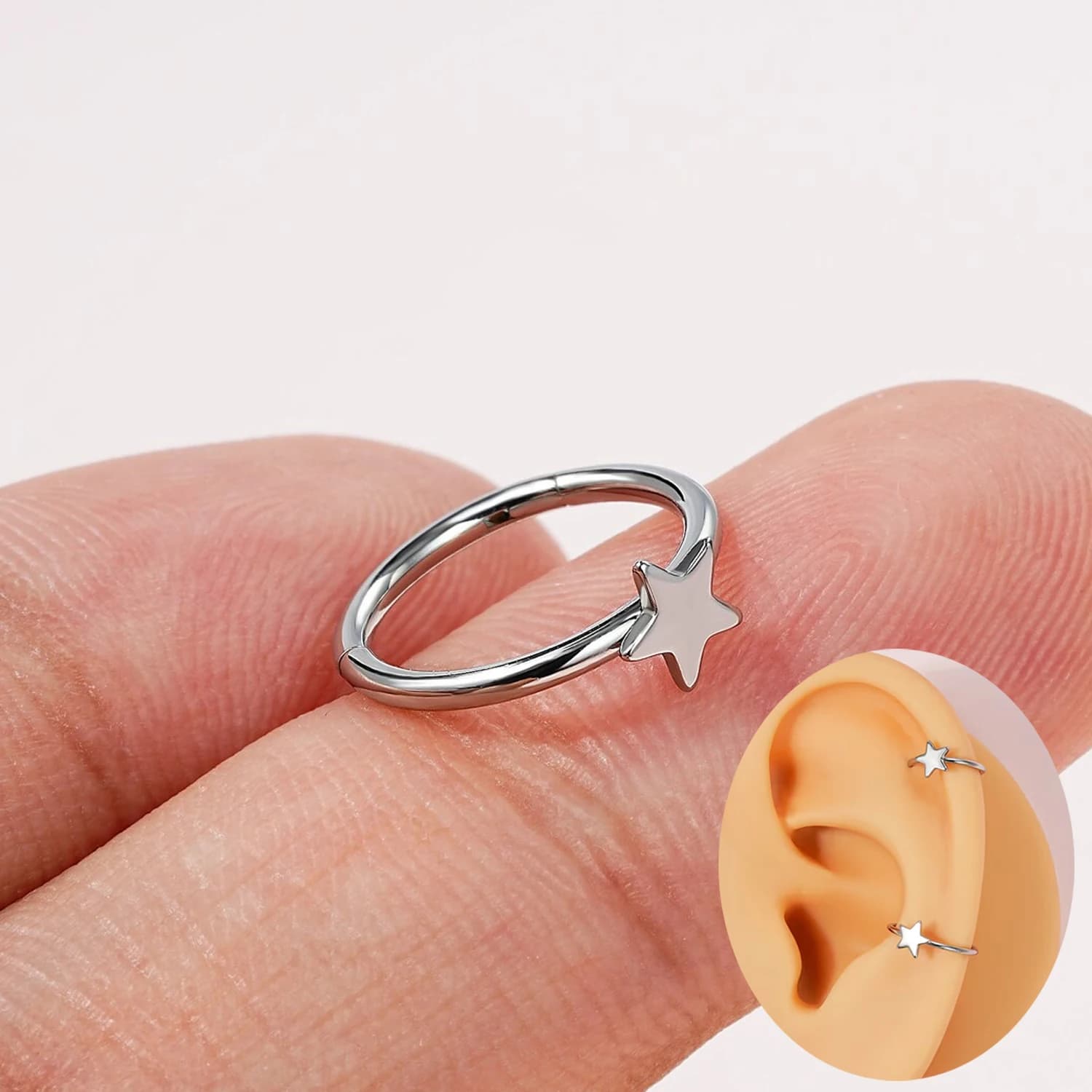 1PCS Nose Rings Hoops 20G 18G Nose Rings Stainless Steel Star Hoop Earrings Septum Clicker Hinged Segment Septum Hoops 8mm 10mm